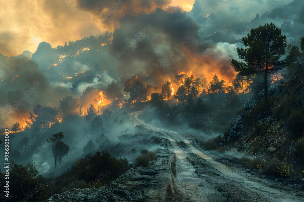 Fototapeta premium Fiery twilight beneath threatening skies, Wildfire and smoke's devastating dance.