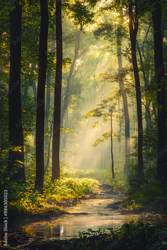 Fototapeta premium A Morning in the Enchanted Forest - The Serene Beauty of Sun-kissed Woodlands at Dawn