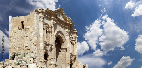 Arch of Hadrian in Gerasa (Jerash)-- was built to honor the visit of emperor Hadrian to Jerash in 129/130 AD, Jordan. Against the background of a beautiful sky with clouds