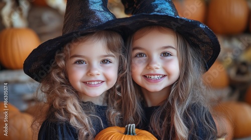 Two young girls wearing witch hats and holding pumpkins in a festive autumn s...
