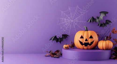 Spooky Halloween setup with carved pumpkins and decorations in vibrant purple...