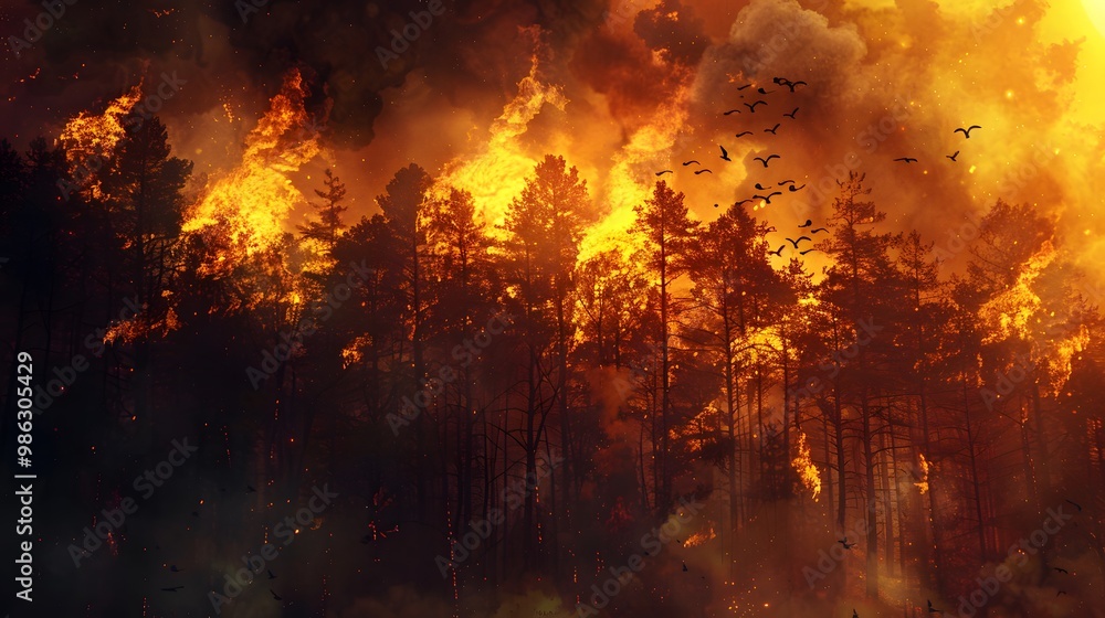 A terrible sight. The Princes leave the forest, fleeing from the fire. The fiery destruction of the forest at dusk. A terrible sight. The Princes leave the forest, fleeing from the fire. The fiery destruction of the forest at dusk.