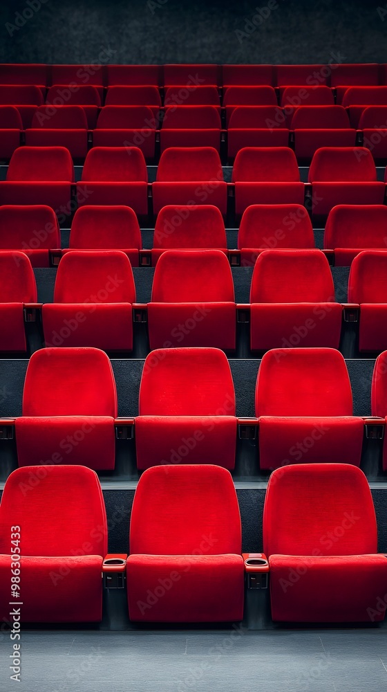Obraz premium Red cinema or theater seats with armrests arranged in rows for watching movies. The movie screen is obscured from view, without people