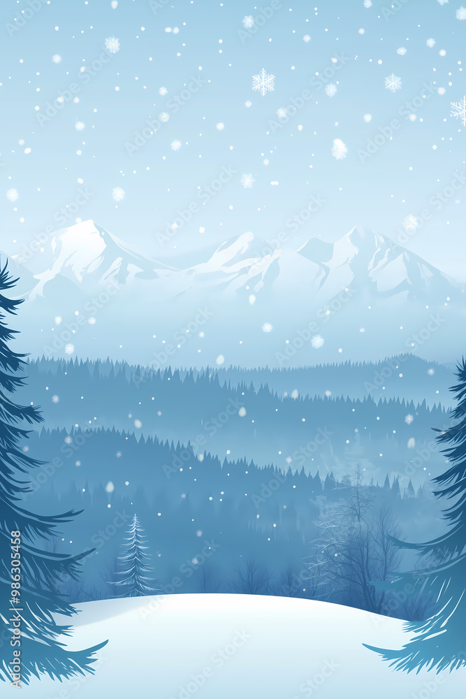 A winter landscape with a snowy mountain range and pine trees, and snowflakes gently falling from the sky A winter landscape with a snowy mountain range and pine trees, and snowflakes gently falling from the sky