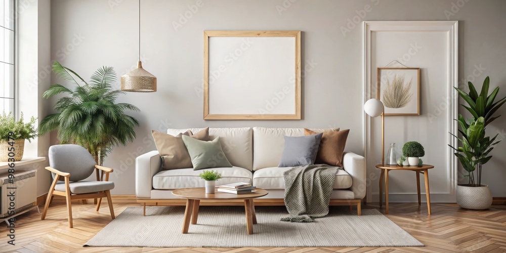render of a mockup frame in a cozy Scandinavian living room interior render of a mockup frame in a cozy Scandinavian living room interior