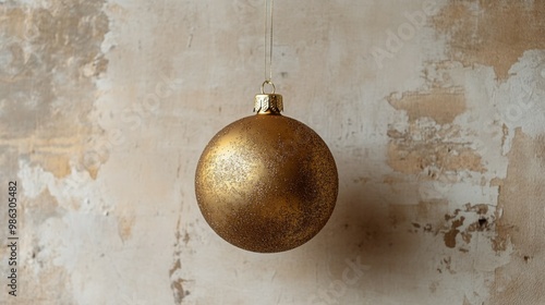 A single golden ornament hanging against a neutral backdrop near the holiday ...