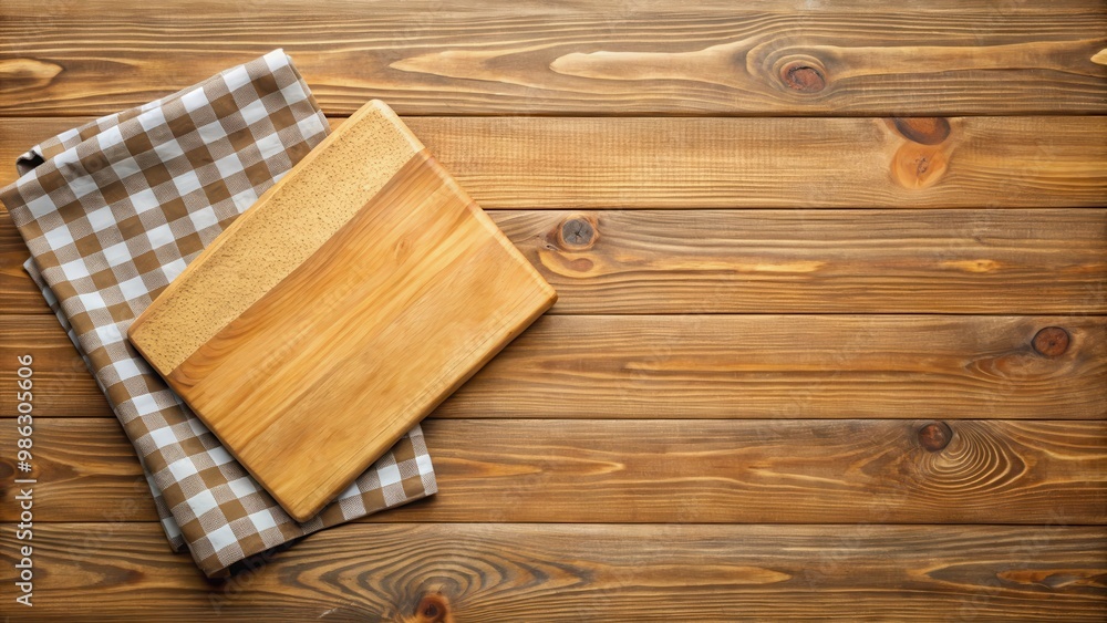 Fototapeta premium Empty wooden cutting board with a kitchen cloth wrapped around it