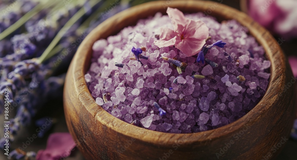 Relaxing lavender bath salts in a wooden bowl with dried flowers nearby in a tranquil setting Relaxing lavender bath salts in a wooden bowl with dried flowers nearby in a tranquil setting