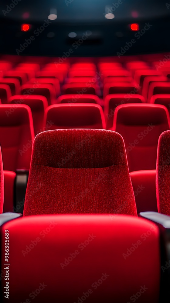 Red cinema or theater seats with armrests arranged in rows for watching movies. The movie screen is obscured from view, without people Red cinema or theater seats with armrests arranged in rows for watching movies. The movie screen is obscured from view, without people