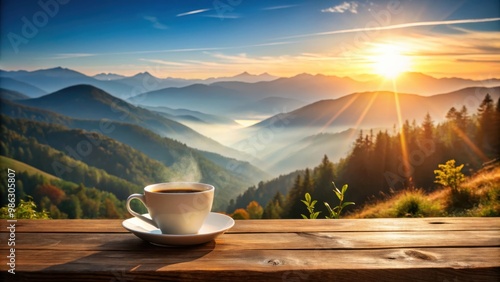 A serene morning scene featuring a cup of coffee or tea with a mountain backdrop at sunrise