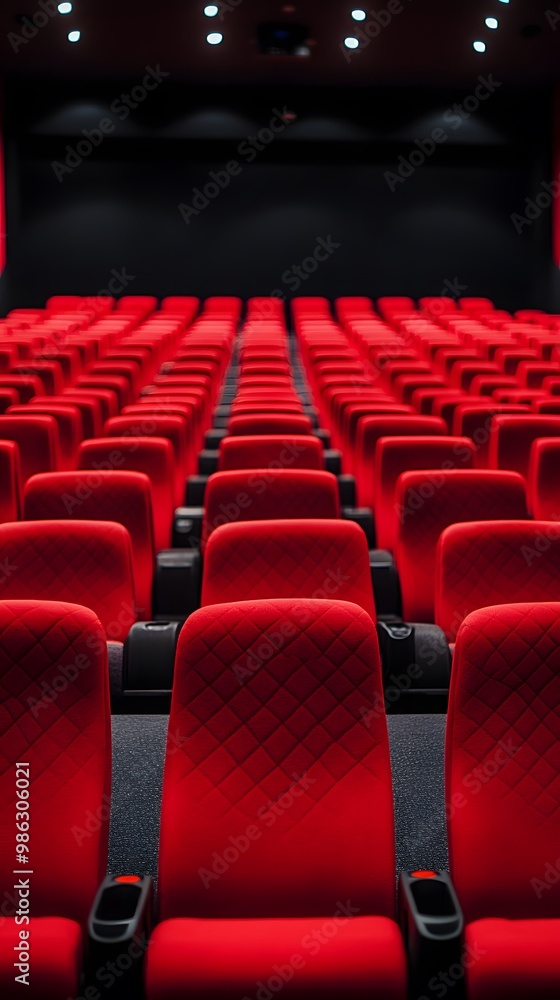Red cinema or theater seats with armrests arranged in rows for watching movies. The movie screen is obscured from view, without people Red cinema or theater seats with armrests arranged in rows for watching movies. The movie screen is obscured from view, without people