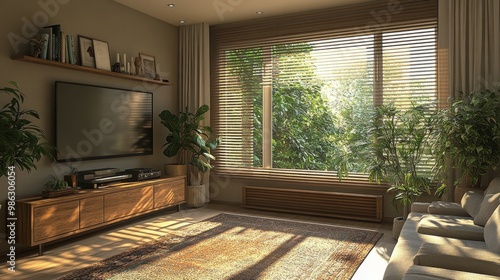 Sunlit living room with plants and wooden decor overlooking a lush garden in ...