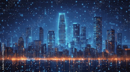 Futuristic city skyline illuminated by glowing lights at night with a digital...