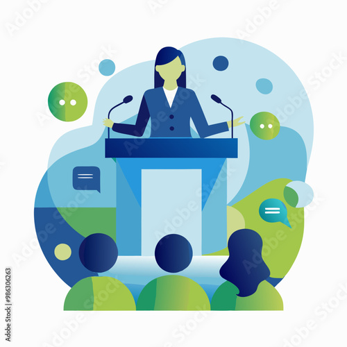 Illustration of a female speaker giving a presentation at a podium to an audience