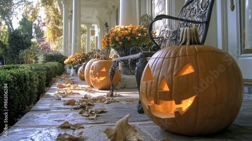 Festive carved pumpkins on a porch with autumn leaves during the Halloween se...