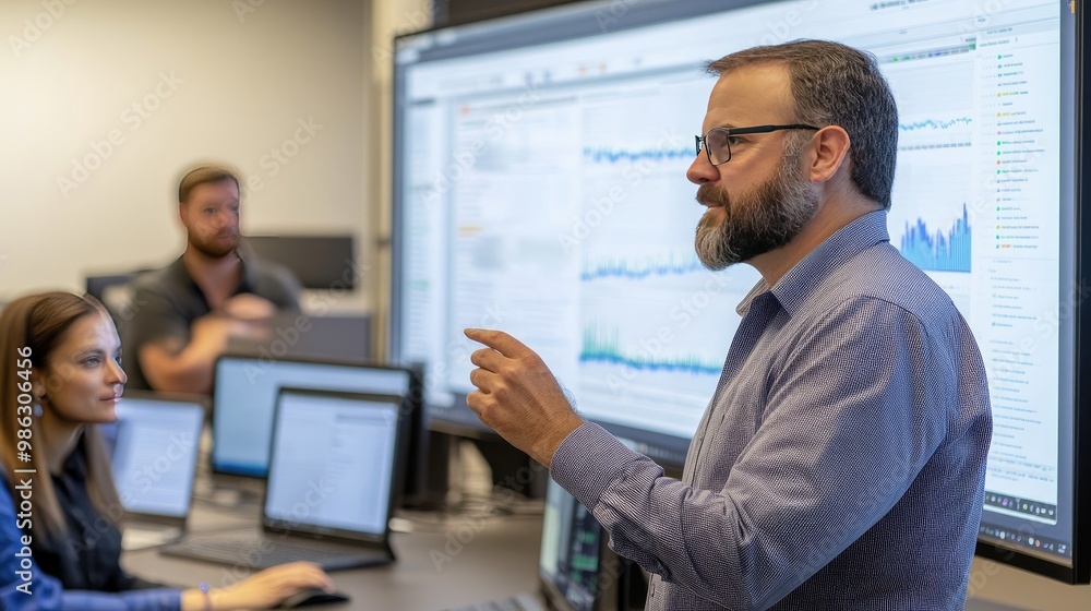 A senior data scientist leads a risk management review session, analyzing data on a large screen, with diverse employees focused on their desktop computers behind him. A senior data scientist leads a risk management review session, analyzing data on a large screen, with diverse employees focused on their desktop computers behind him.