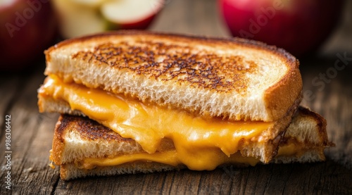 Grilled cheese sandwich with melted cheese served alongside fresh apples in a...