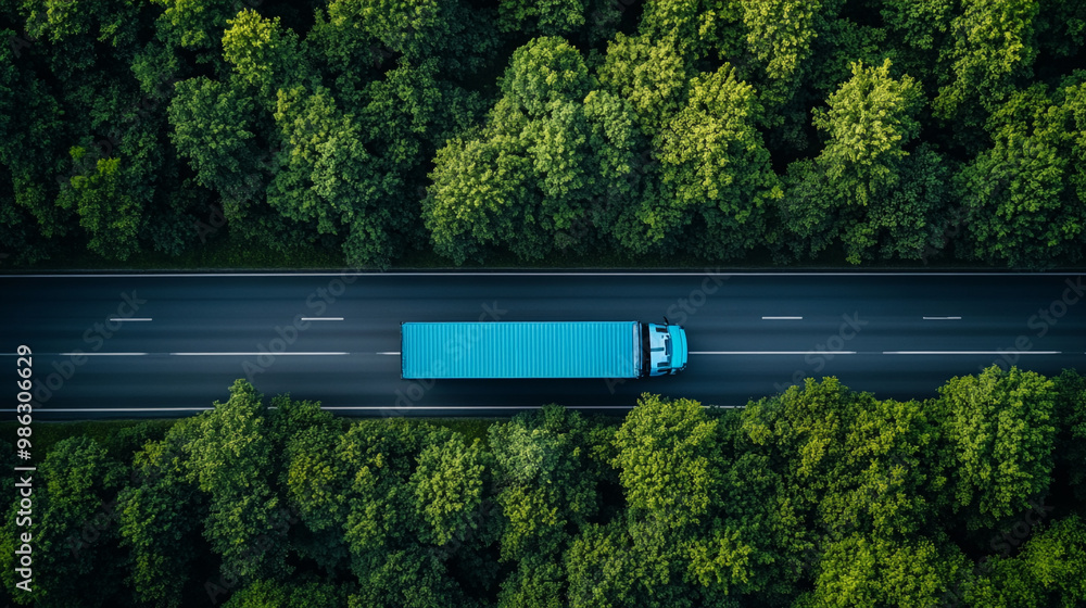 Aerial view of a turquoise truck driving along a straight road surrounded by dense green trees Aerial view of a turquoise truck driving along a straight road surrounded by dense green trees