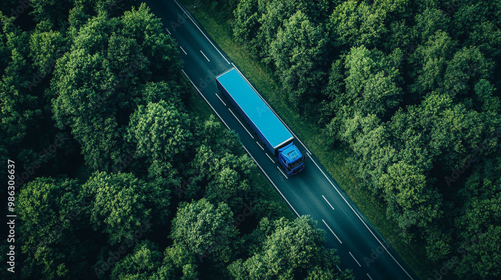 Fototapeta premium A blue truck drives along a winding road surrounded by lush green forests at midday