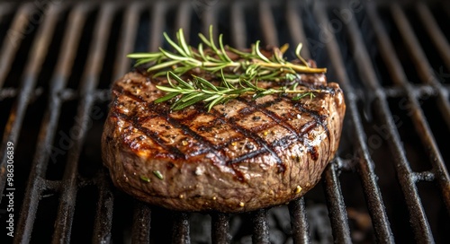 Juicy grilled steak with herbs cooking on a barbecue grill during a summer ev...