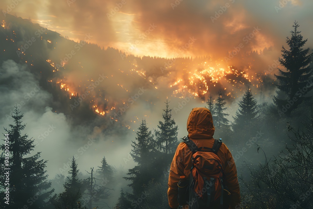 Obraz premium A Lone Observer Witnesses Nature’s Wrath Amidst a Forest Blaze