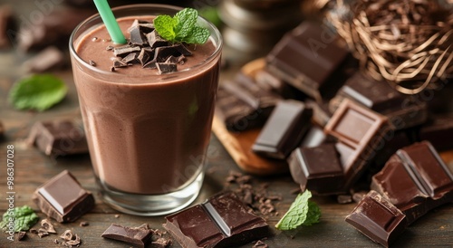Delicious chocolate smoothie served in a glass with mint on wooden table next...