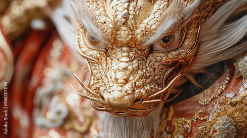Golden dragon sculpture on a vibrant red background with an elegant, intricat...
