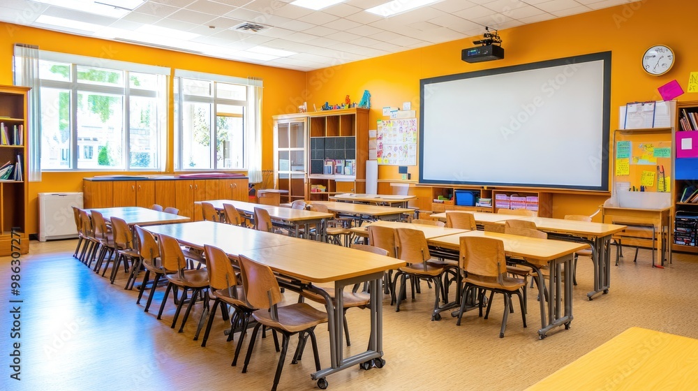 A classroom setup with wooden desks, chairs, a large whiteboard, and a projection screen, creating a bright and welcoming learning environment. A classroom setup with wooden desks, chairs, a large whiteboard, and a projection screen, creating a bright and welcoming learning environment.