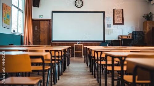 A classroom setup with wooden desks, chairs, a large whiteboard, and a projection screen, creating a bright and welcoming learning environment. photo