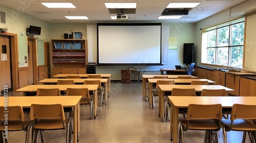 A classroom setup with wooden desks, chairs, a large whiteboard, and a projection screen, creating a bright and welcoming learning environment. photo