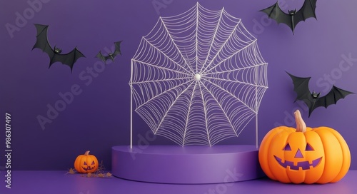 Spooky Halloween setup with carved pumpkins and decorations in vibrant purple...