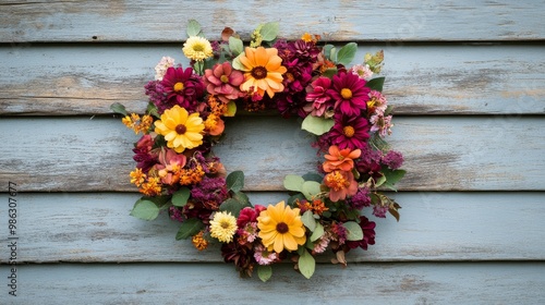 Colorful floral wreath with blue and red flowers on black stone background in...