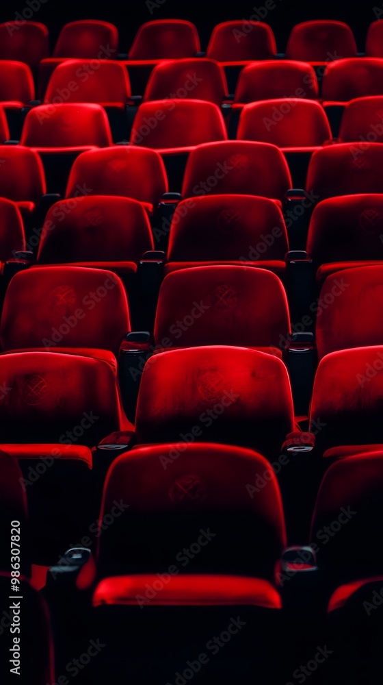 Obraz premium Red cinema or theater seats with armrests arranged in rows for watching movies. The movie screen is obscured from view, without people