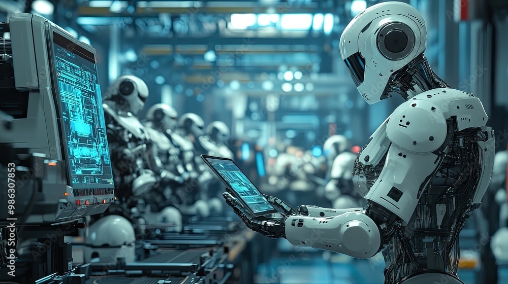 Factory CTO in a futuristic industrial setting, using a tablet to supervise the autonomous robotic assembly line, ensuring maximum production efficiency. Factory CTO in a futuristic industrial setting, using a tablet to supervise the autonomous robotic assembly line, ensuring maximum production efficiency.