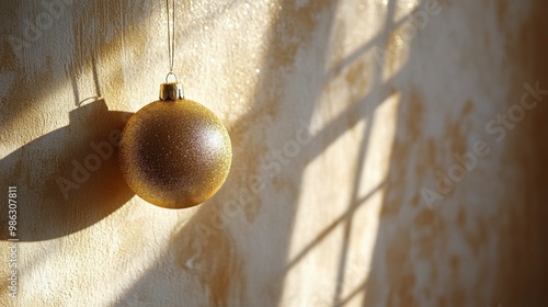 A single golden ornament hanging against a neutral backdrop near the holiday ...