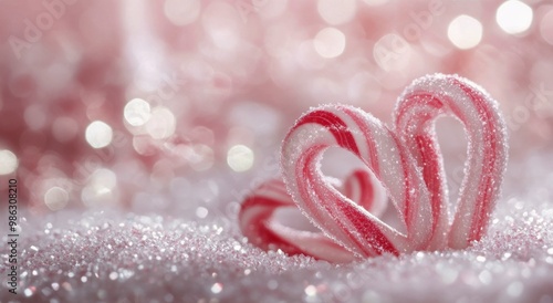 Sweet heart-shaped lollipop and candy cane against a sparkling pink background