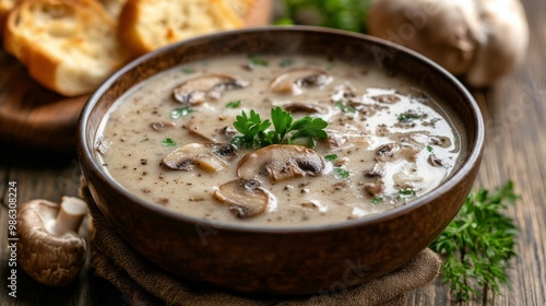 Creamy mushroom soup with fresh herbs and toasted bread served on a rustic wo...