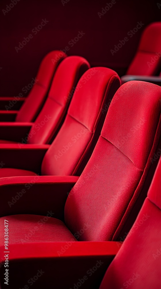Obraz premium Red cinema or theater seats with armrests arranged in rows for watching movies. The movie screen is obscured from view, without people