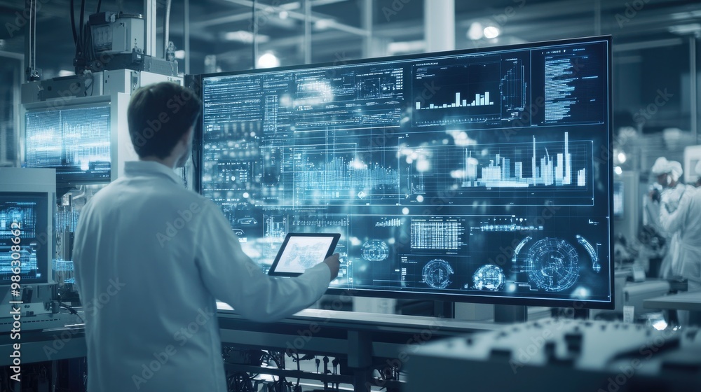 In an Industry 4.0 facility, engineers optimize production using a tablet, with big data and performance analytics visualized on a large screen. High-tech equipment surrounds them. In an Industry 4.0 facility, engineers optimize production using a tablet, with big data and performance analytics visualized on a large screen. High-tech equipment surrounds them.