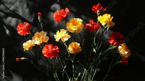 Two vibrant red flowers illuminated by soft light on a dark background in a s...