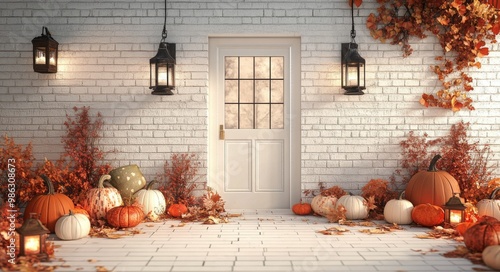 Autumn-themed indoor decoration with pumpkins and fall foliage against a whit...