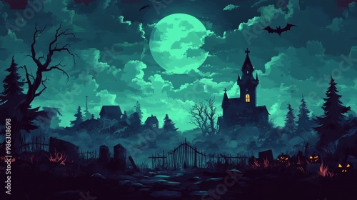 Eerie night with a haunted house and glowing full moon in a spooky landscape