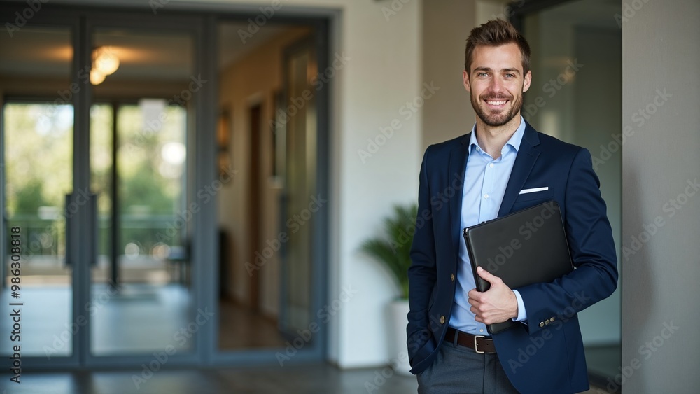 Confident job candidate in a suit holding a portfolio while standing in an office environment Confident job candidate in a suit holding a portfolio while standing in an office environment