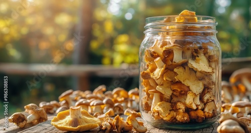 Freshly harvested chanterelle mushrooms in a glass jar on a wooden table in a...