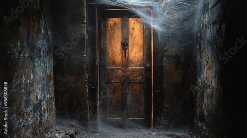 A dimly lit wooden door surrounded by cobwebs in a secluded, abandoned building