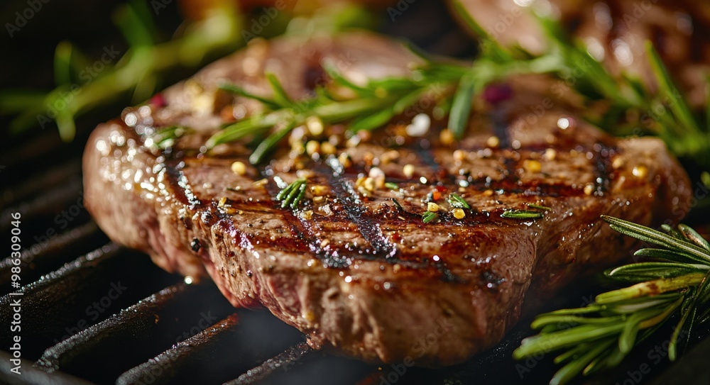 Juicy grilled steak with herbs cooking on a barbecue grill during a summer evening Juicy grilled steak with herbs cooking on a barbecue grill during a summer evening
