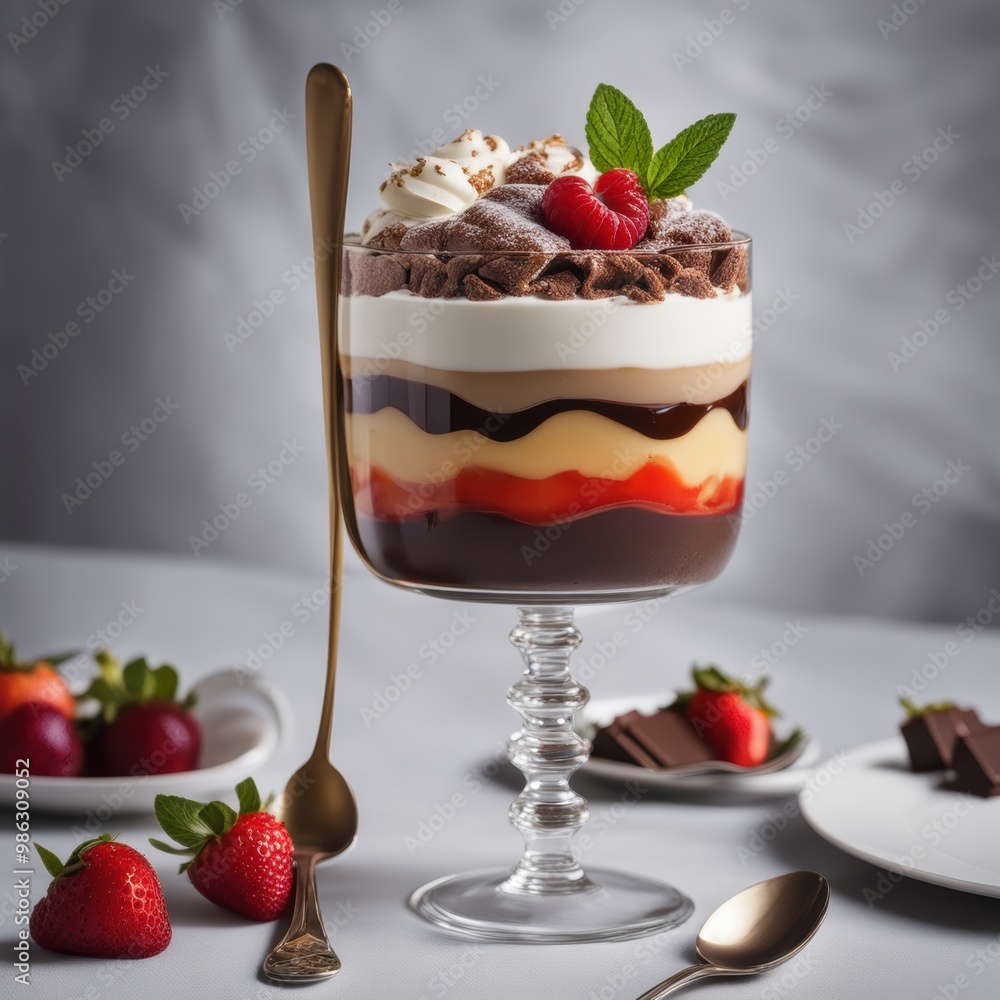Elegant parfait in a glass dish with layered creams topped with chocolate curls and fresh strawberries. Elegant parfait in a glass dish with layered creams topped with chocolate curls and fresh strawberries.