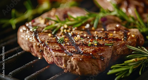 Juicy grilled steak with herbs cooking on a barbecue grill during a summer ev...
