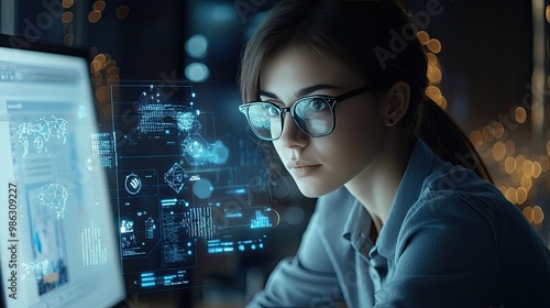 Short-haired female project manager focuses on her computer, as augmented reality icons for social media and online connectivity float around, symbolizing the internet of things.