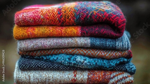 Cozy stack of colorful knitted blankets ready for a chilly evening by the fir...